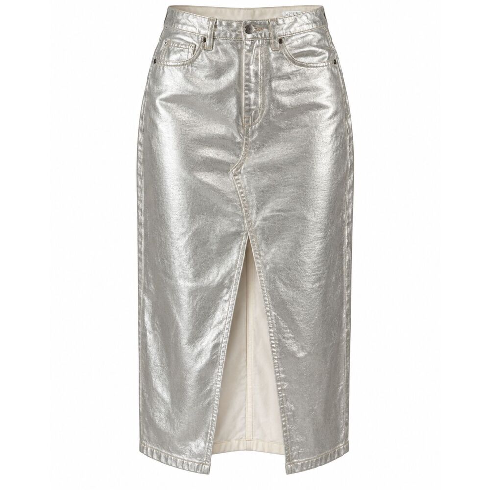 Abercrombie & Fitch Silver Metallic Denim Midi Skirt